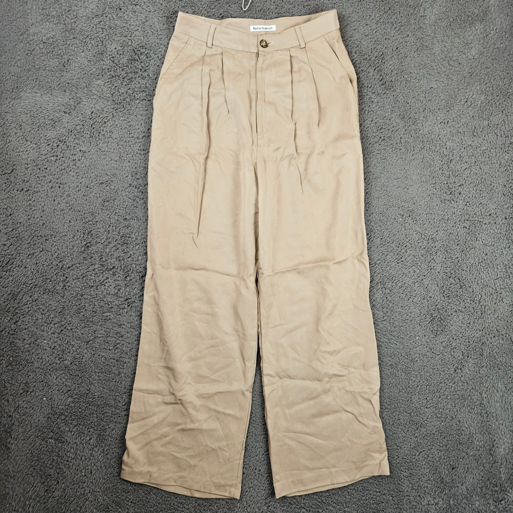 Reformation Size 6 Khaki Mason Pants 100% Tencel Wide Leg Pleated Front Trouser